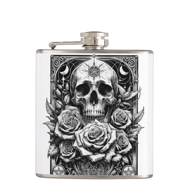 Pentacle Skeleton Skull & Roses Tarot Art Hip Flask (Front)