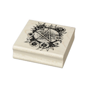 Pentacle zinnia flowers art flower pagan  rubber stamp