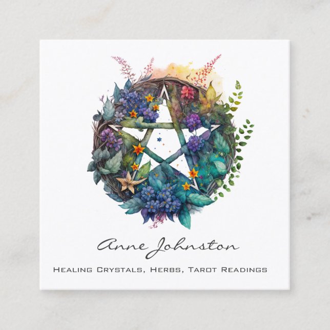 Pentagram and Floral Wreath Square Business Card (Front)