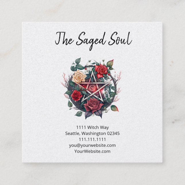 Pentagram and Roses Square Business Card (Back)