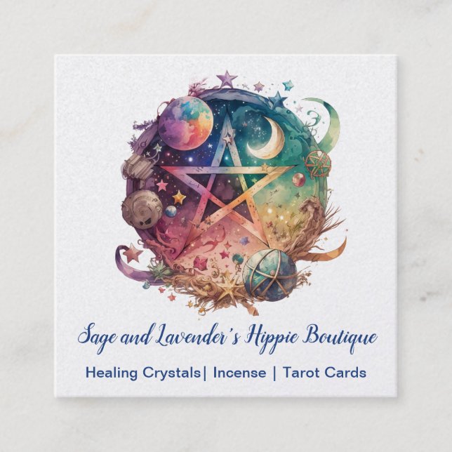 Pentagram, Moon, Earth Square Business Card (Front)