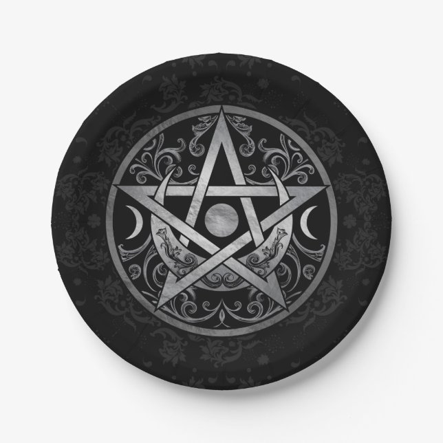 Pentagram Ornament - Silver and Black Paper Plate (Front)