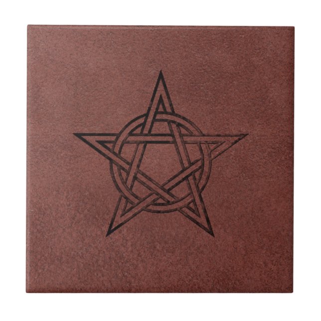 Pentagram - Pagan Magic Symbol on Red Leather Tile (Front)