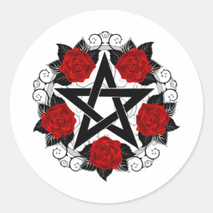 Pentagram with Red Roses Classic Round Sticker