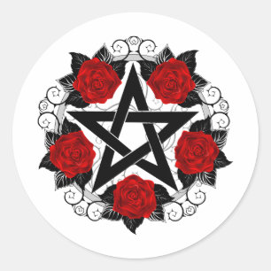 Pentagram with Red Roses Classic Round Sticker