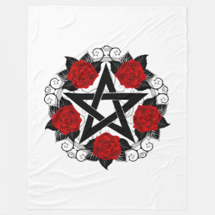 Pentagram with Red Roses Fleece Blanket