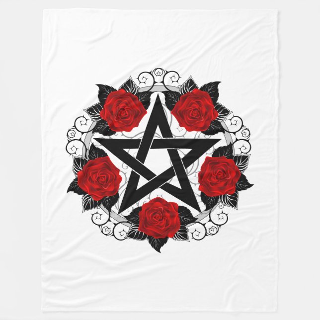 Pentagram with Red Roses Fleece Blanket (Front)