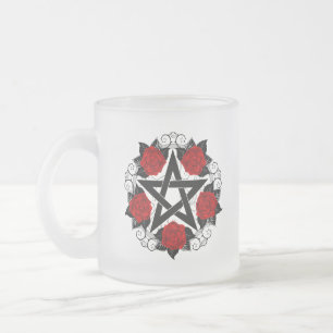 Pentagram with Red Roses Frosted Glass Coffee Mug