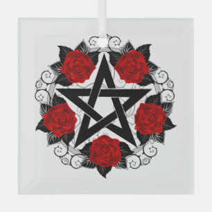 Pentagram with Red Roses Glass Tree Decoration
