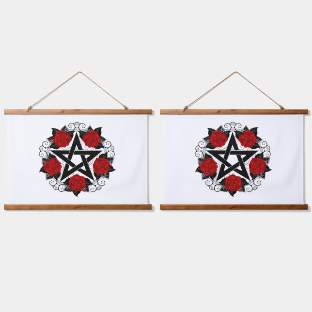 Pentagram with Red Roses Hanging Tapestry (Double)