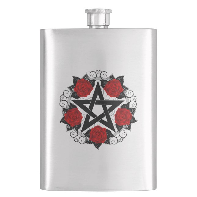Pentagram with Red Roses Hip Flask (Front)
