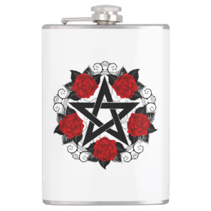 Pentagram with Red Roses Hip Flask