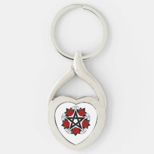 Pentagram with Red Roses Key Ring