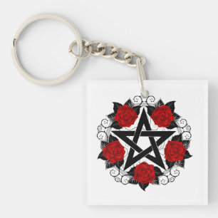 Pentagram with Red Roses Key Ring