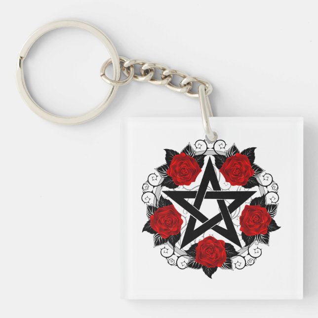 Pentagram with Red Roses Key Ring (Front)