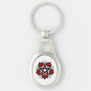 Pentagram with Red Roses Key Ring