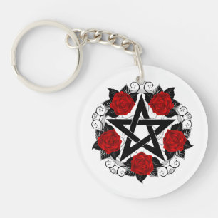 Pentagram with Red Roses Key Ring