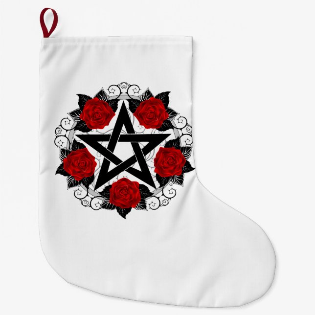 Pentagram with Red Roses Large Christmas Stocking (Front)