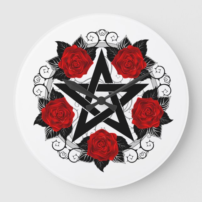 Pentagram with Red Roses Large Clock (Front)