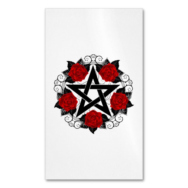Pentagram with Red Roses Magnetic Business Card (Front Vertical)