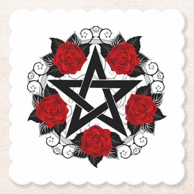 Pentagram with Red Roses Paper Coaster (Front)
