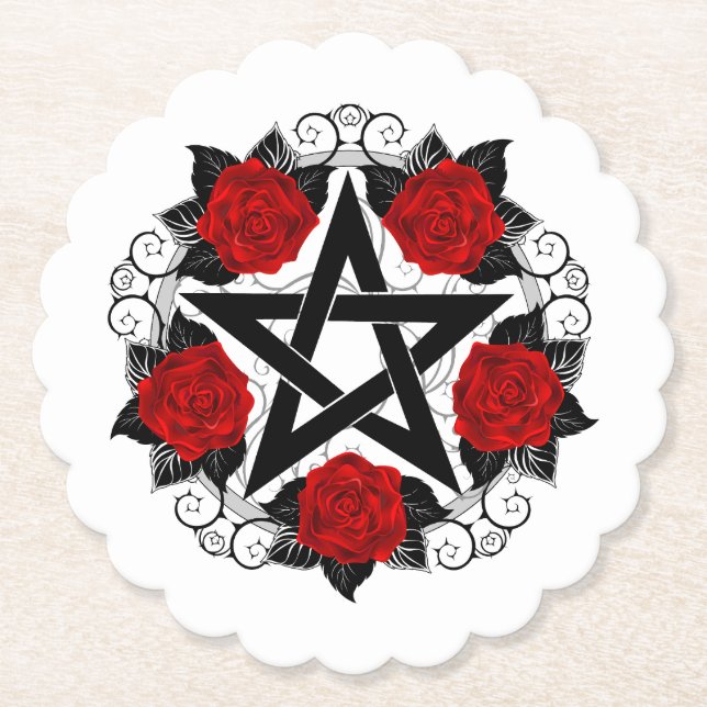 Pentagram with Red Roses Paper Coaster (Front)