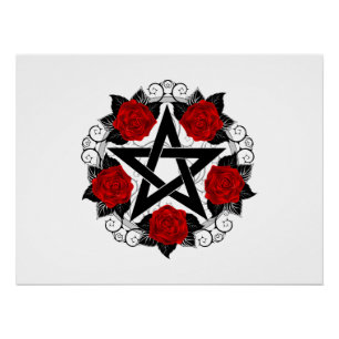 Pentagram with Red Roses Poster