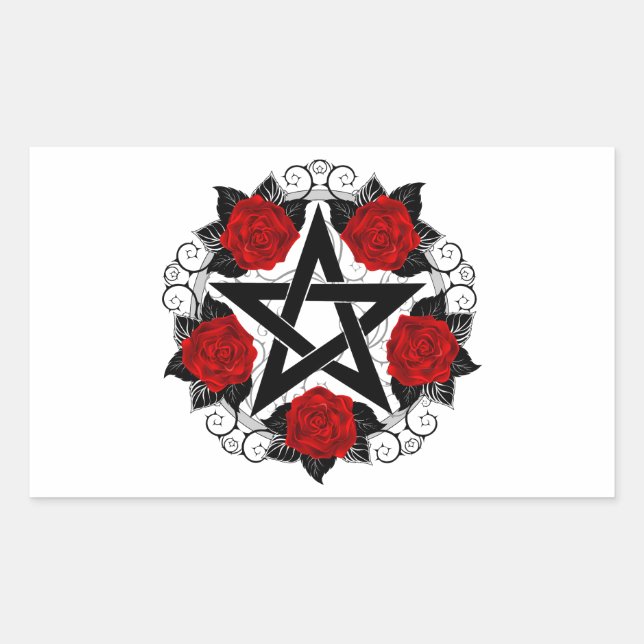 Pentagram with Red Roses Rectangular Sticker (Front)