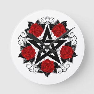 Pentagram with Red Roses Round Clock