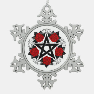 Pentagram with Red Roses Snowflake Pewter Christmas Ornament