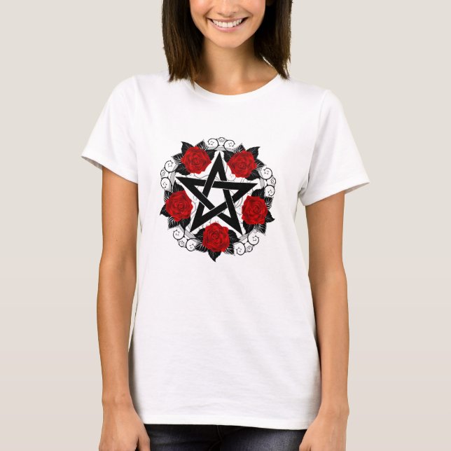 Pentagram with Red Roses T-Shirt (Front)
