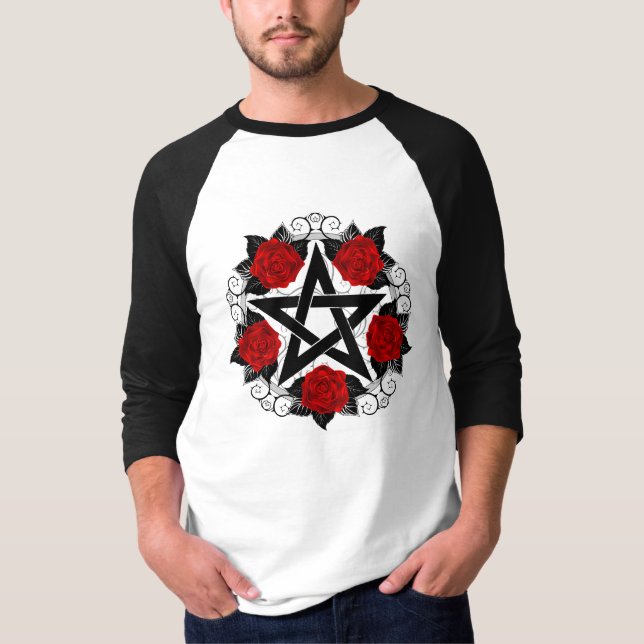 Pentagram with Red Roses T-Shirt (Front)