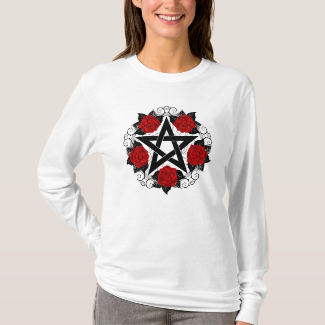 Pentagram with Red Roses T-Shirt (Front)