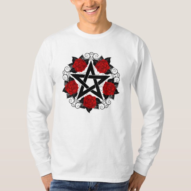 Pentagram with Red Roses T-Shirt (Front)