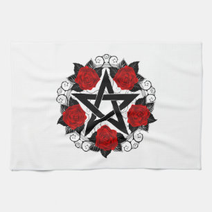 Pentagram with Red Roses Tea Towel