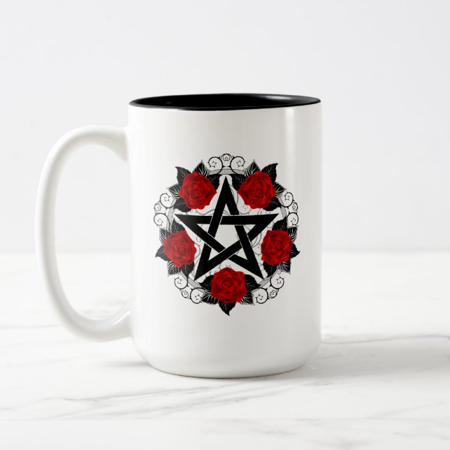 Pentagram with Red Roses Two-Tone Coffee Mug (Left)