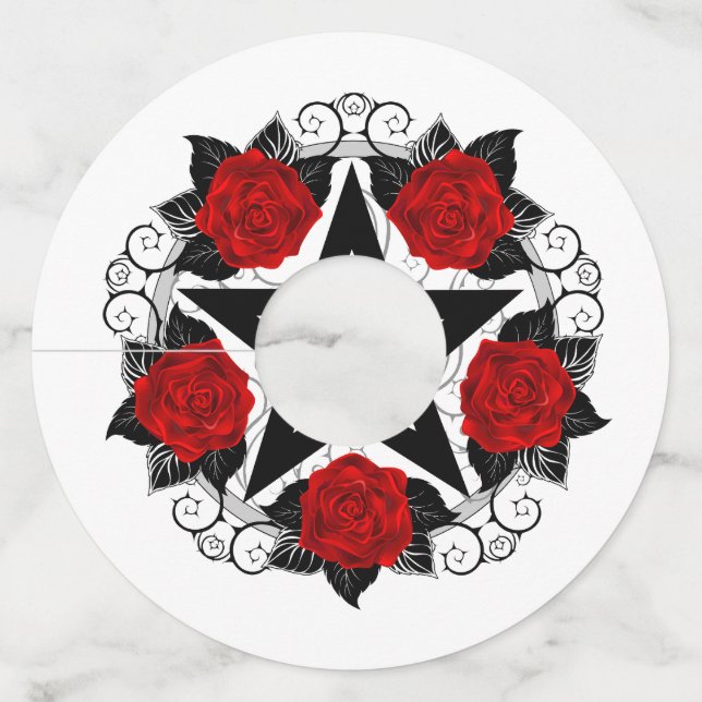 Pentagram with Red Roses Wine Glass Tag (Front)