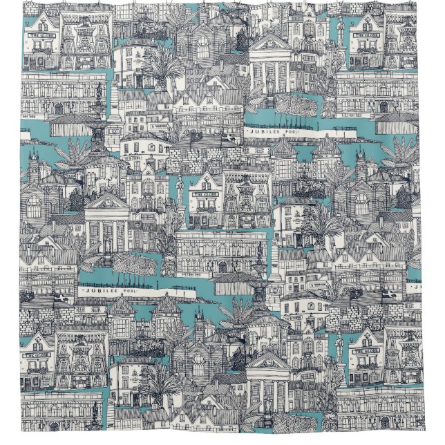Penzance toile indigo turquoise shower curtain (Front)