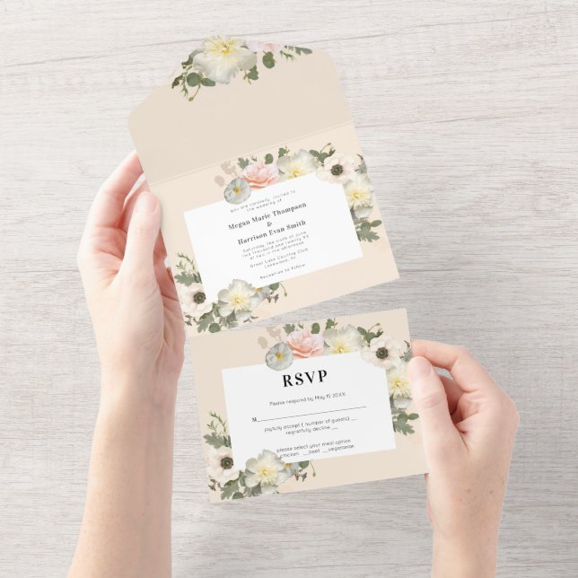 Peonies and Anemones blooming Wedding Blush All In One Invitation (Tearaway)