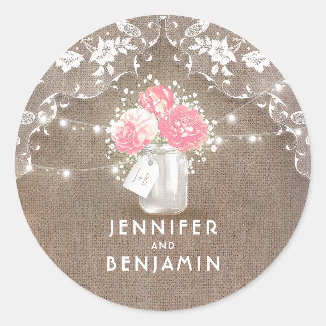 Peonies and Baby's Breath Mason Jar Rustic Lace Classic Round Sticker (Front)