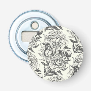 Peonies and butterflies block print, black and whi bottle opener