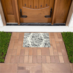 Peonies and butterflies block print, black and whi doormat