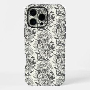 Peonies and butterflies block print, black and whi iPhone 16 pro max case