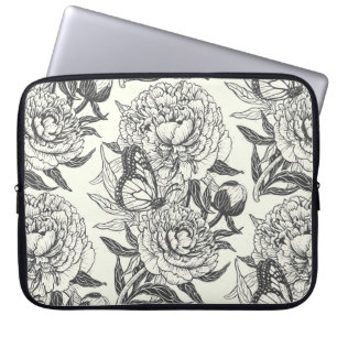 Peonies and butterflies block print, black and whi laptop sleeve