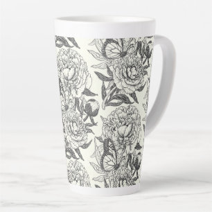 Peonies and butterflies block print, black and whi latte mug