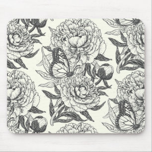 Peonies and butterflies block print, black and whi mouse mat