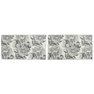 Peonies and butterflies block print, black and whi pillowcase