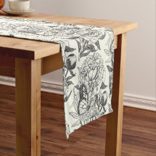 Peonies and butterflies block print, black and whi short table runner