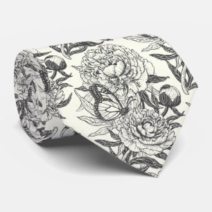Peonies and butterflies block print, black and whi tie