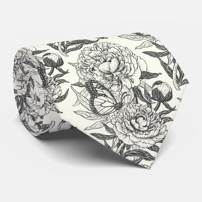 Peonies and butterflies block print, black and whi tie (Rolled)